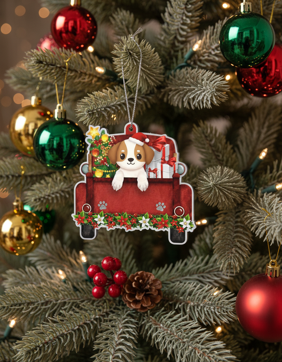 [2D FLAT ACRYLIC] Beagle Red Car Christmas Ornament | Holiday Keepsake Gift for Dog Lovers