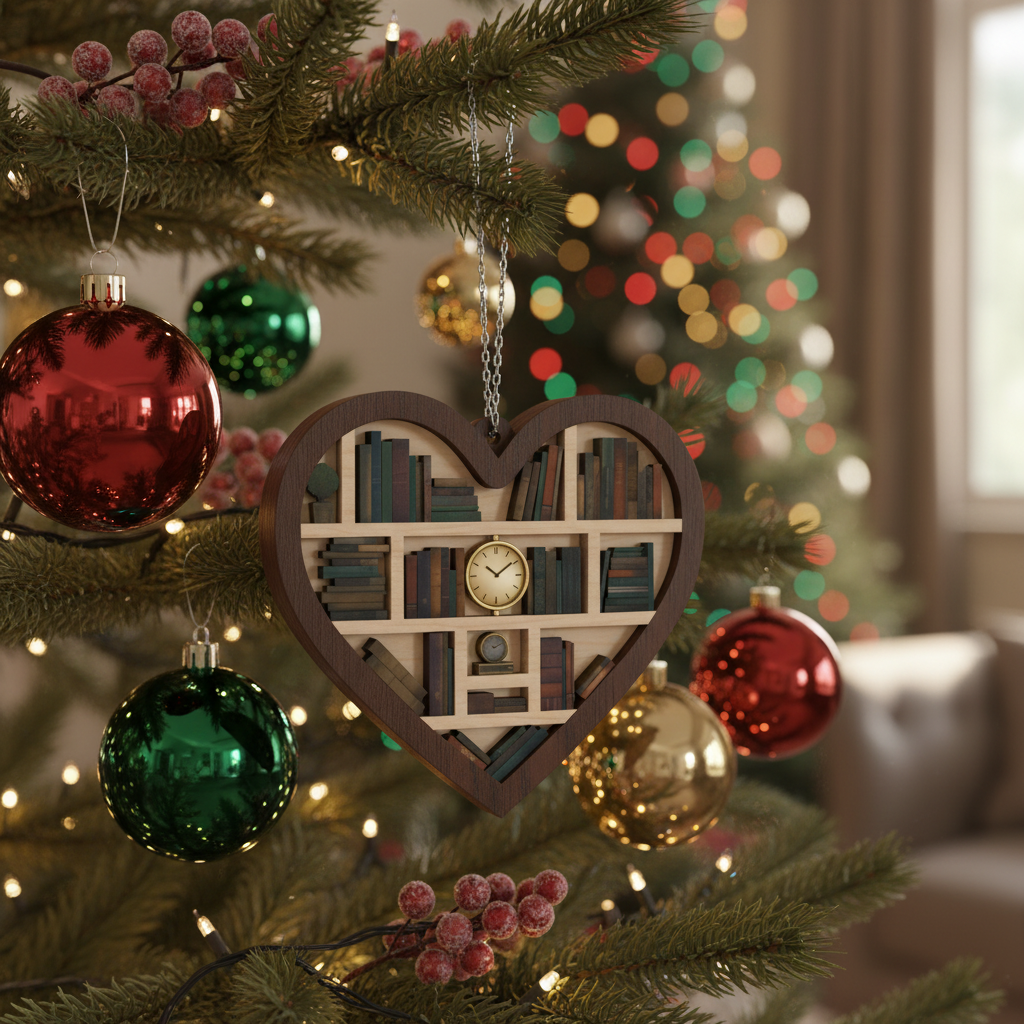 [2D FLAT ACRYLIC] Heart-Shaped Bookshelf Ornament – Christmas Gift for Book Lovers