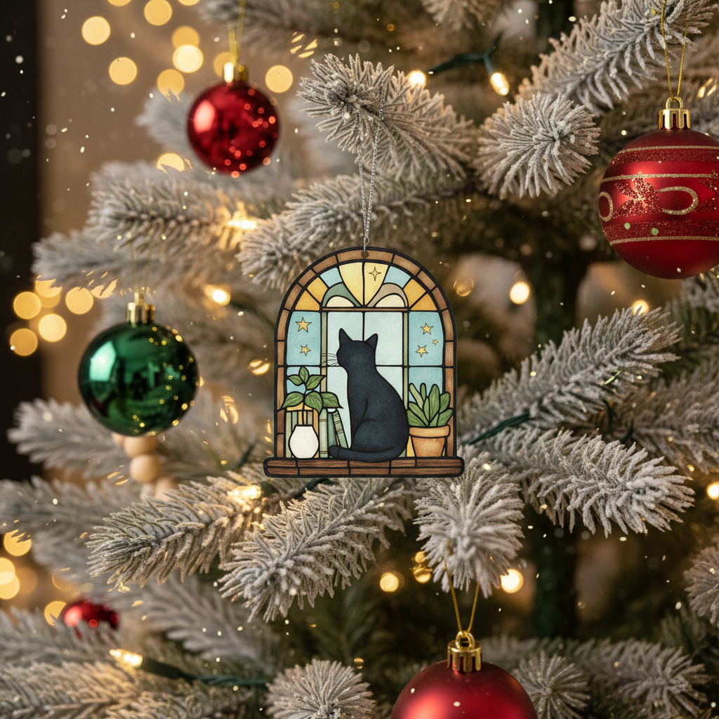 [2D FLAT ACRYLIC] Black Cat Ghost Reading Suncatcher – Unique Book & Cat Lover Gift Ornament