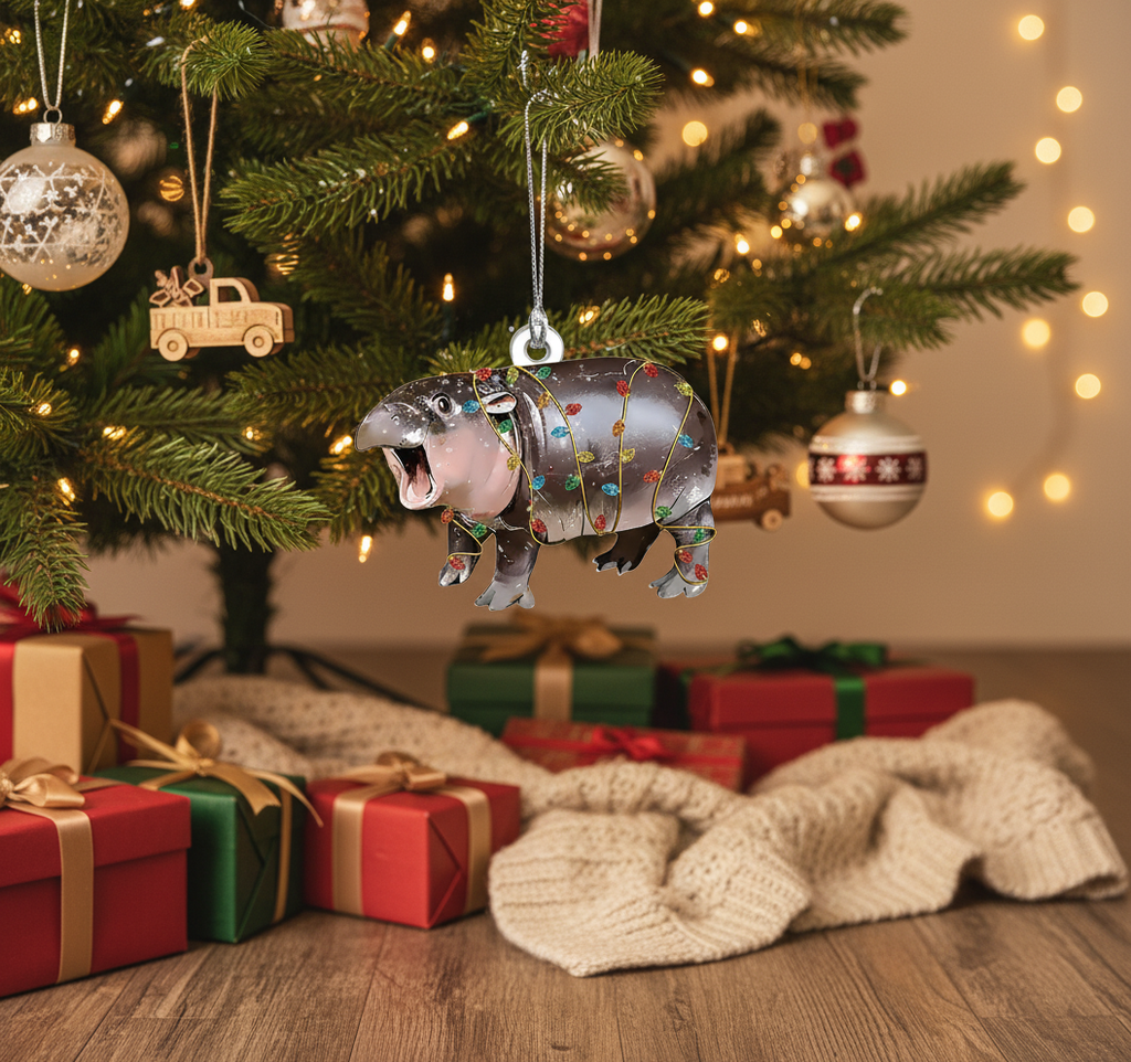 [2D FLAT ACRYLIC] Moo Deng Hippo Meme Christmas Ornament – Funny Acrylic Holiday Decoration