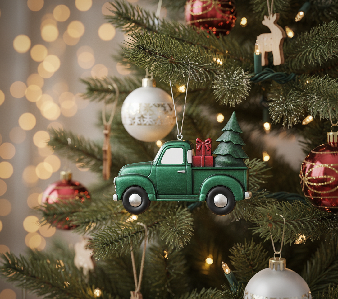 [2D FLAT ACRYLIC] Blue Metal Truck Christmas Ornament | Vintage Holiday Decor & Trucker Gift