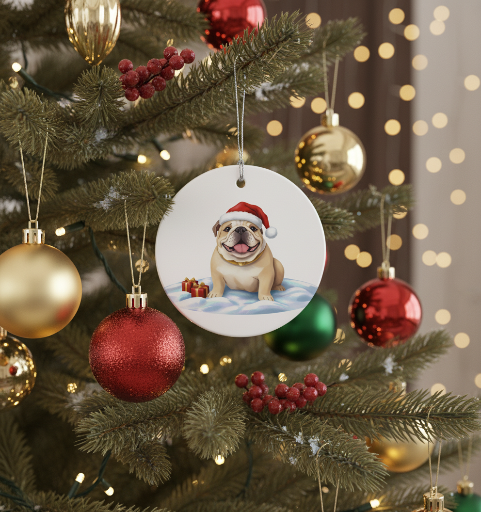 [2D FLAT ACRYLIC] Bulldog Christmas Ornament 2025 | Glossy Ceramic Holiday Decor Gift for Pet Lovers