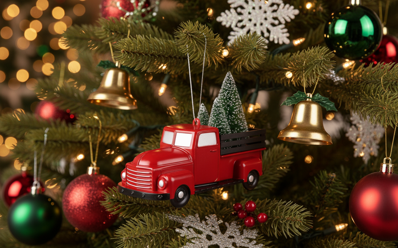 [2D FLAT ACRYLIC] Vintage Red Truck Christmas Ornaments (3-Pack) | Farmhouse Holiday Decor & Trucker Gift
