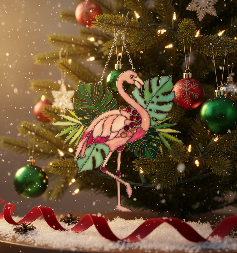 [2D FLAT ACRYLIC] Whimsical Flamingo Suncatcher Ornament – Tropical Christmas Decor Gift