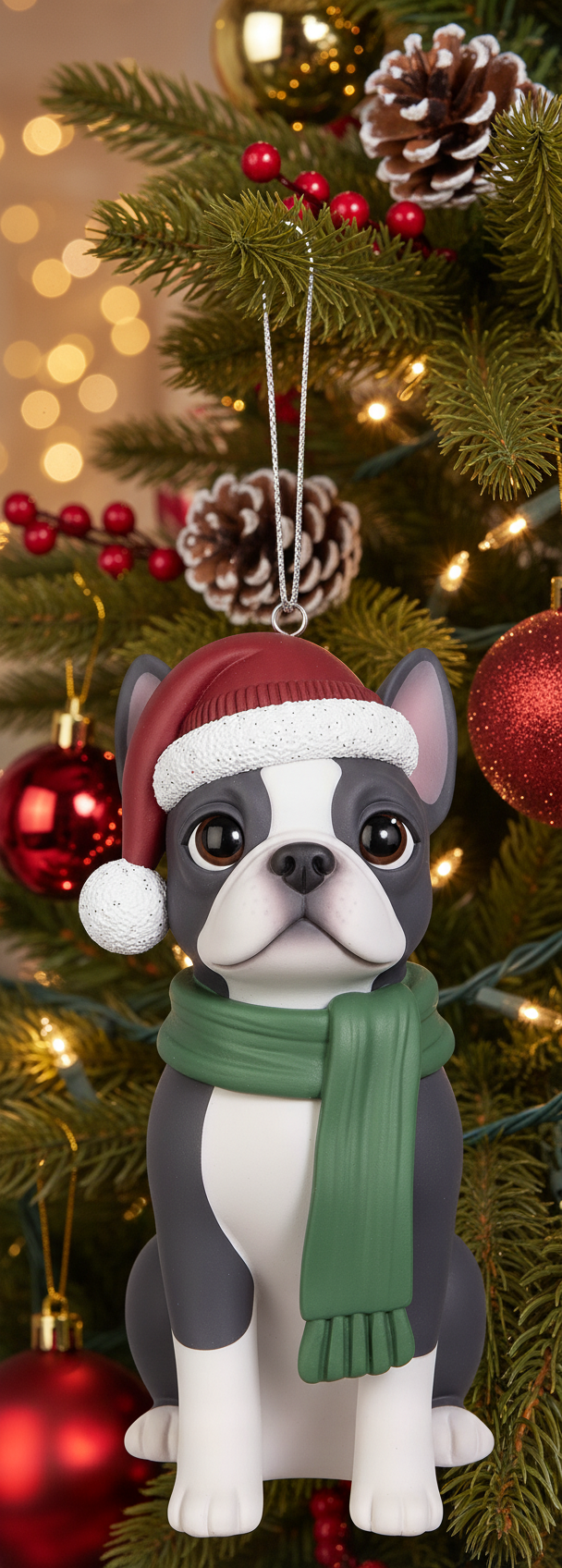 [2D FLAT ACRYLIC] Boston Terrier Christmas Ornament | Festive Dog Holiday Decor with Santa Hat