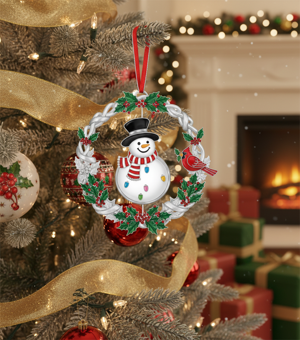 [2D FLAT ACRYLIC] 2025 Christmas Wreath Ornament with Spinning Snowman – Metal Holiday Keepsake