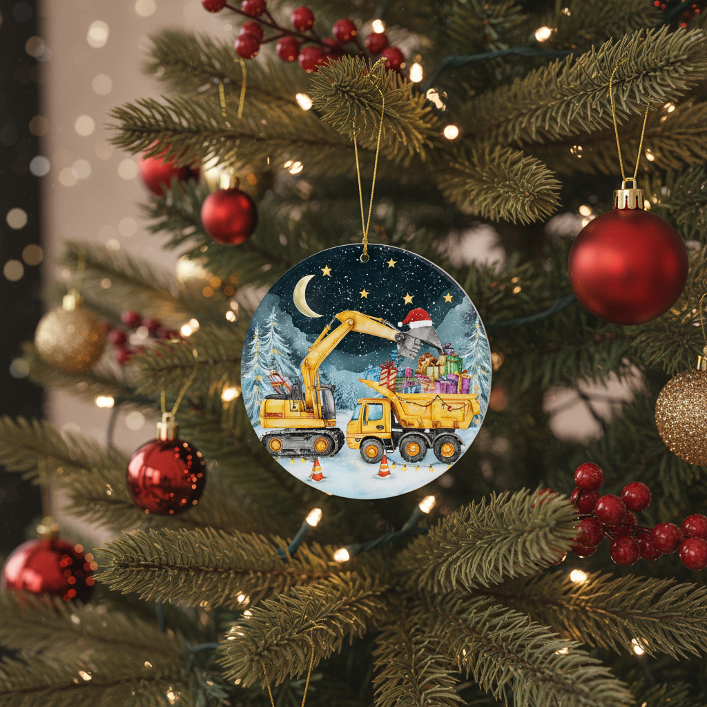 [2D FLAT ACRYLIC] Personalized Excavator Christmas Ornament – Dump Truck & Digger Design | Kids Construction-Themed Holiday Keepsake for Boys