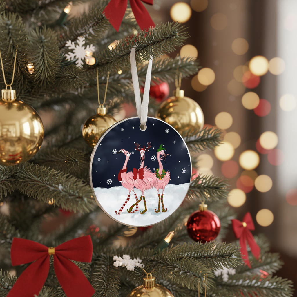 [2D FLAT ACRYLIC] Charming Flamingo Christmas Ornament | Acrylic Holiday Decor & Unique Animal Lover Gift