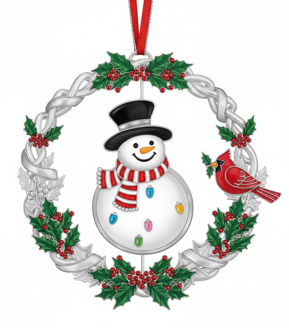 [2D FLAT ACRYLIC] 2025 Christmas Wreath Ornament with Spinning Snowman – Metal Holiday Keepsake