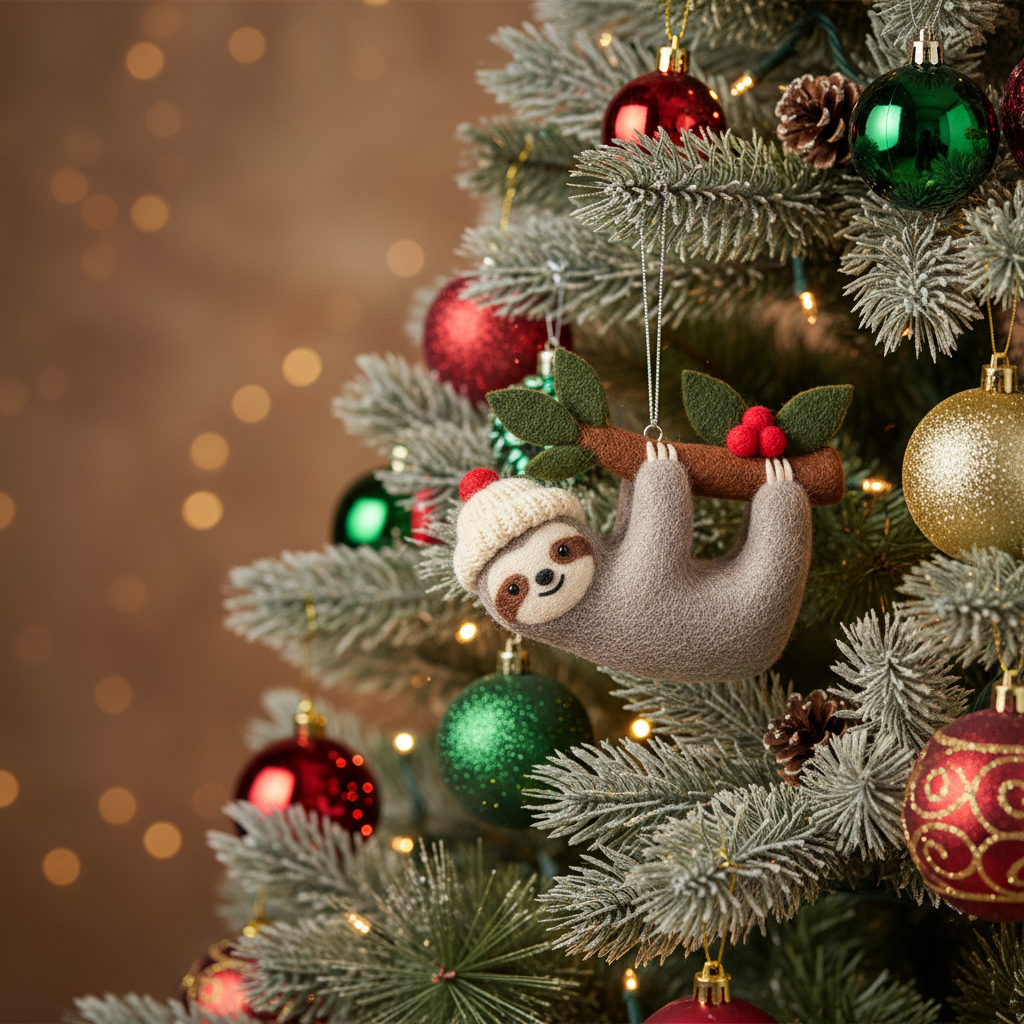 [2D FLAT ACRYLIC] Adorable Felt Sloth Christmas Ornament – Handmade Fair Trade Decoration
