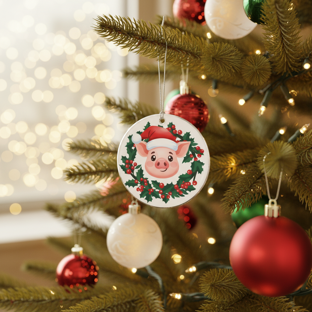 [2D FLAT ACRYLIC] Adorable Pig Christmas Ornament | Acrylic Farm Animal Keepsake | Gift for Pig Lovers