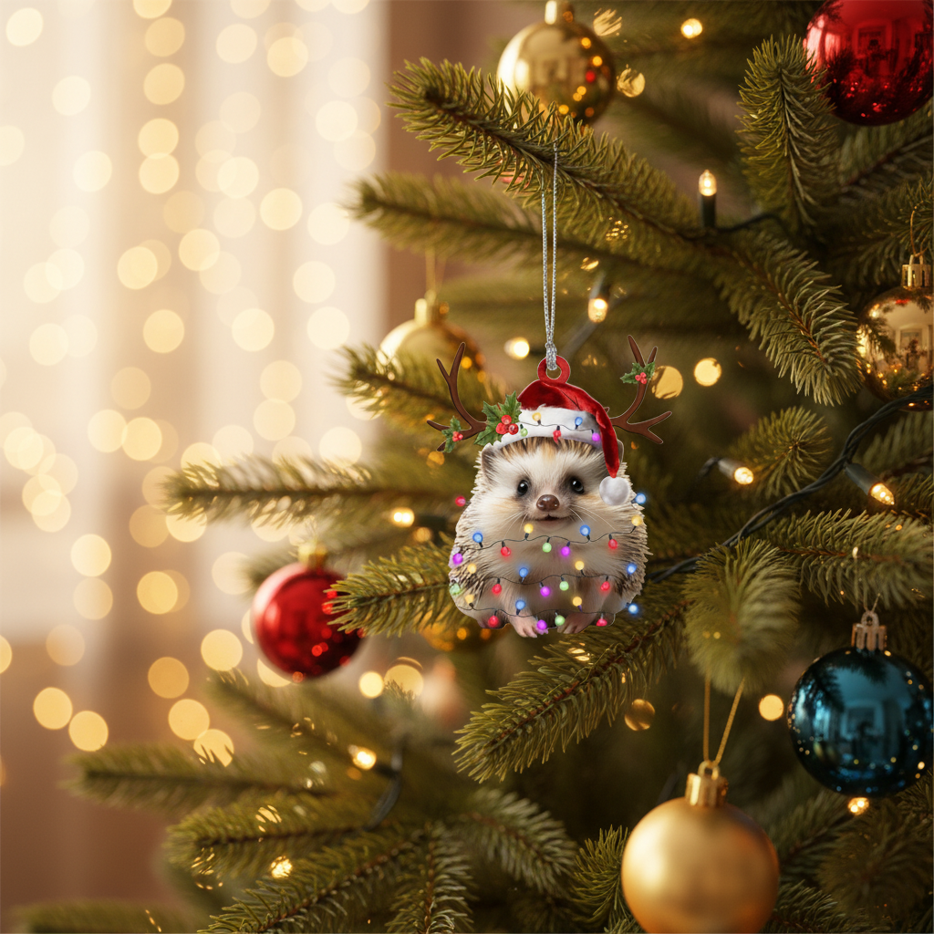 [2D FLAT ACRYLIC] Adorable Hedgehog Christmas Ornament – Festive Keepsake & Car Charm Gift