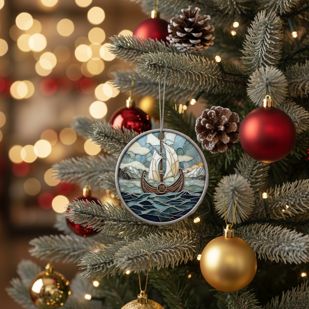 [2D FLAT ACRYLIC] Viking Ship Ceramic Ornament – Norse Longboat Christmas Tree Decor