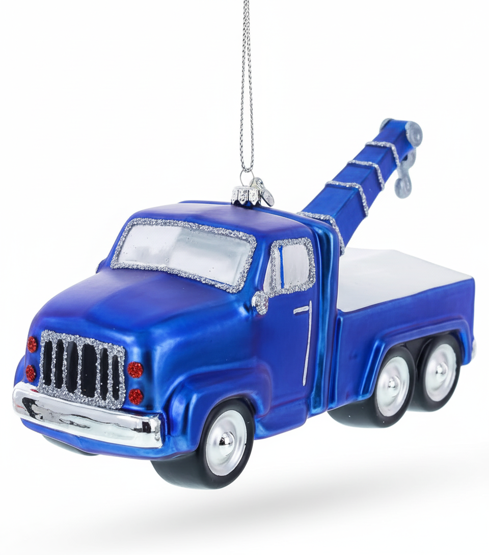 [2D FLAT ACRYLIC] Blown Glass Tow Truck Christmas Ornament | Unique Trucker Gift & Holiday Decor