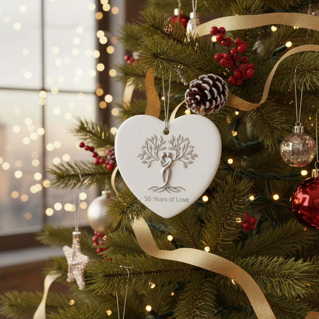 [2D FLAT ACRYLIC] 50th Wedding Anniversary Gift – Heart-Shaped Ceramic Keepsake Ornament for Couples