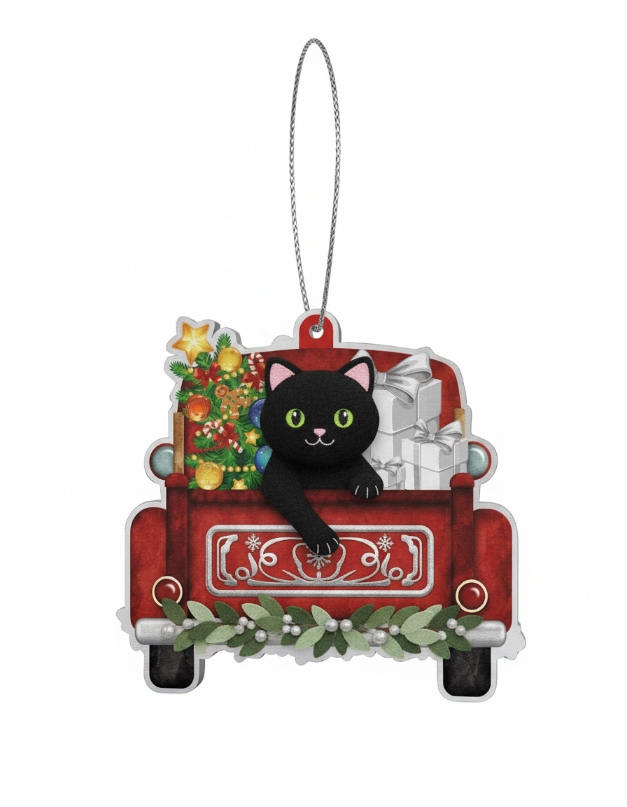 [2D FLAT ACRYLIC] Black Cat Christmas Ornament | Aluminum Holiday Decor Gift for Cat Lovers
