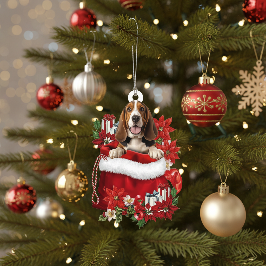 [2D FLAT ACRYLIC] Basset Hound Christmas Ornament – Festive Dog Lover Keepsake Gift