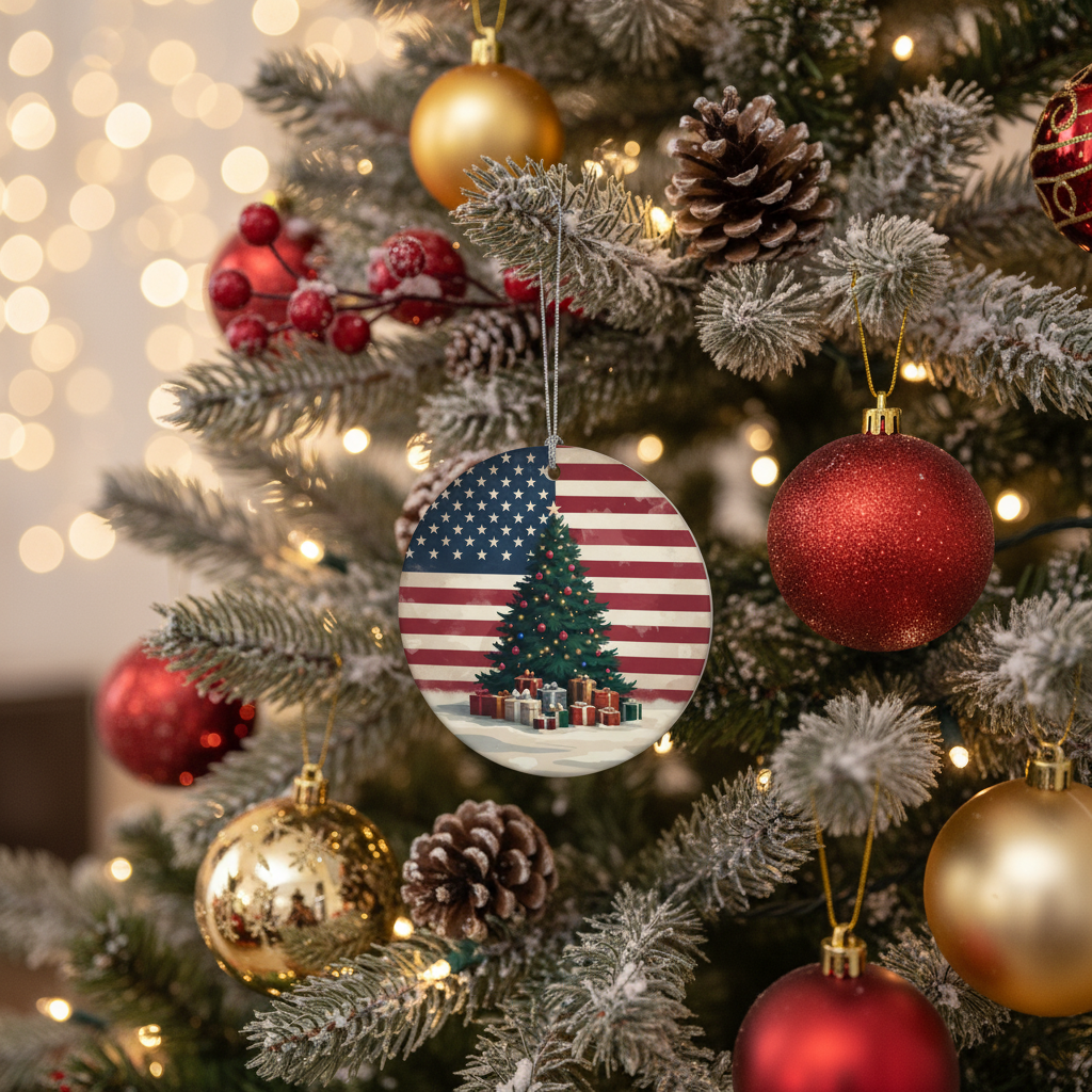 [2D FLAT ACRYLIC] American Flag Patriotic Christmas Ornament – Ceramic USA Holiday Keepsake