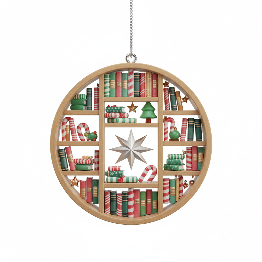 [2D FLAT ACRYLIC] Book Lover Christmas Ornament – Ceramic Bookshelf Decoration for Readers & Librarians