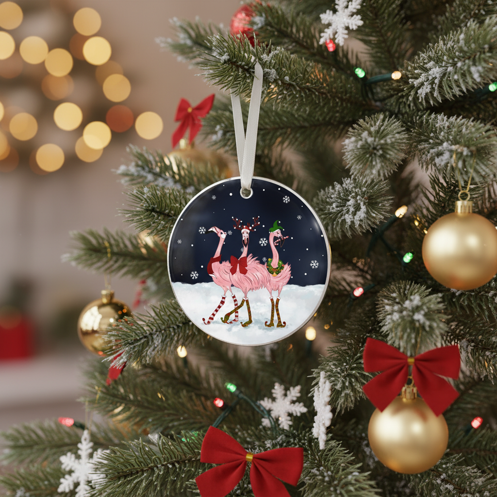 [2D FLAT ACRYLIC] Charming Flamingo Christmas Ornament | Acrylic Holiday Decor & Unique Animal Lover Gift