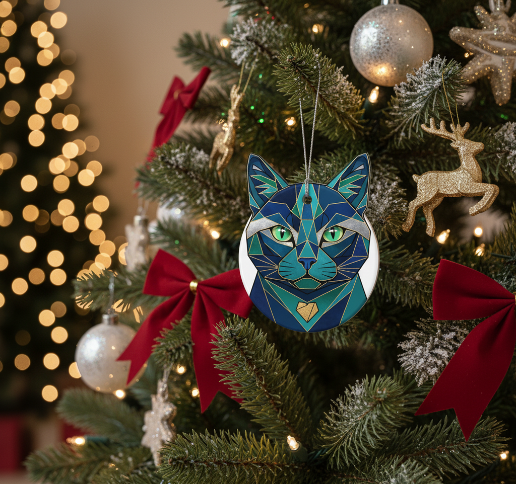 [2D FLAT ACRYLIC] Charming Tortoiseshell Cat Ornament – Faux Stained Glass Style Holiday Gift