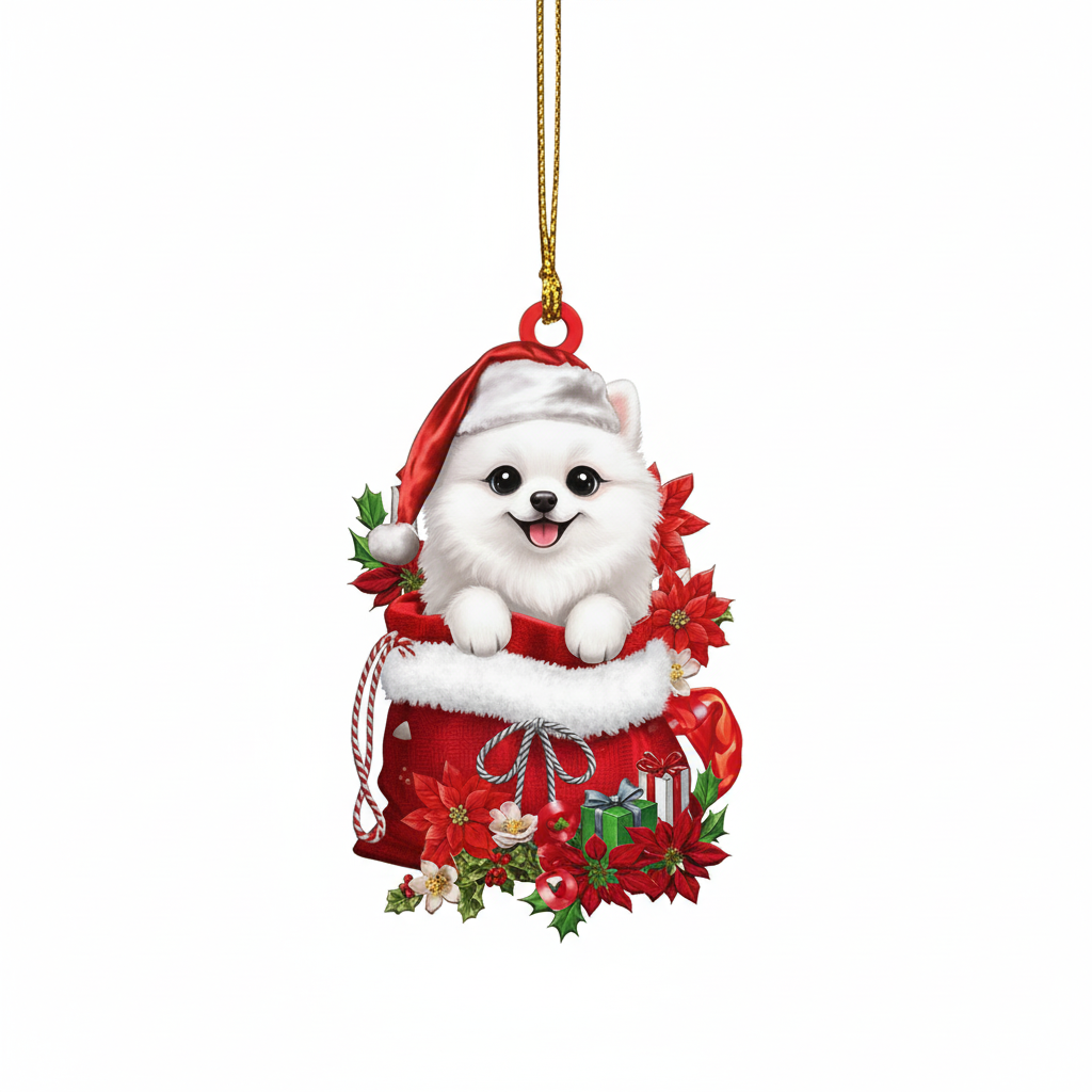 [2D FLAT ACRYLIC] Pomeranian Christmas Ornament – Cute Pom Dog in Santa Bag Keepsake Gift