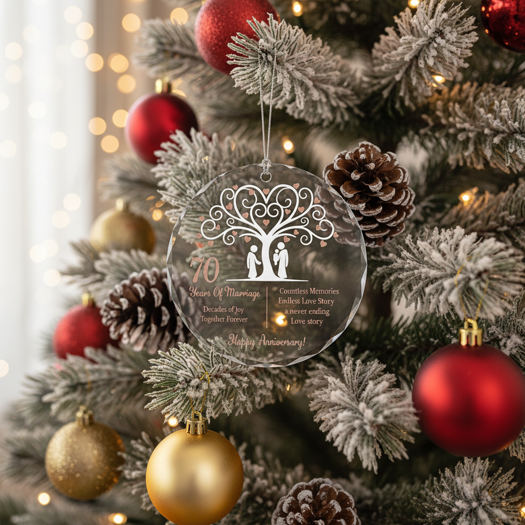 [2D FLAT ACRYLIC] 70th Platinum Wedding Anniversary Glass Ornament – Keepsake Gift for Parents & Couples