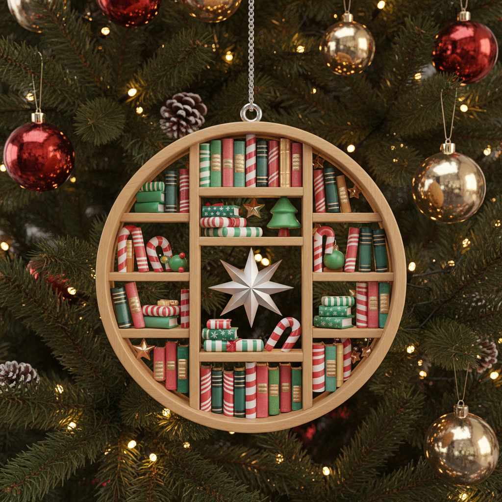 [2D FLAT ACRYLIC] Book Lover Christmas Ornament – Ceramic Bookshelf Decoration for Readers & Librarians