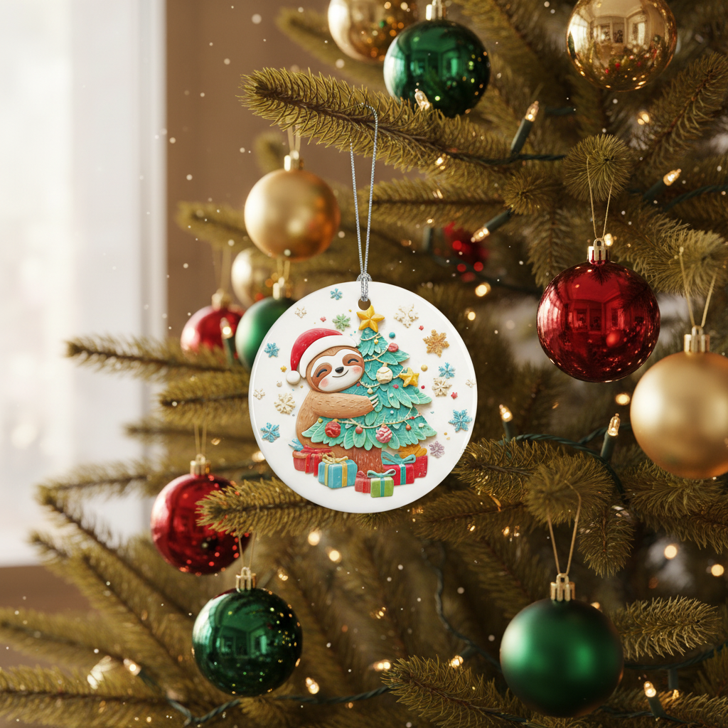 [2D FLAT ACRYLIC] Adorable Sloth Christmas Ornament | Round Ceramic Keepsake | Sloth Lover Gift