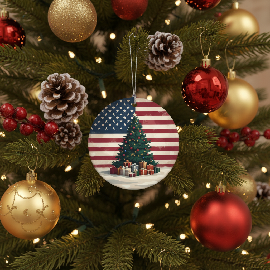 [2D FLAT ACRYLIC] American Flag Patriotic Christmas Ornament – Ceramic USA Holiday Keepsake