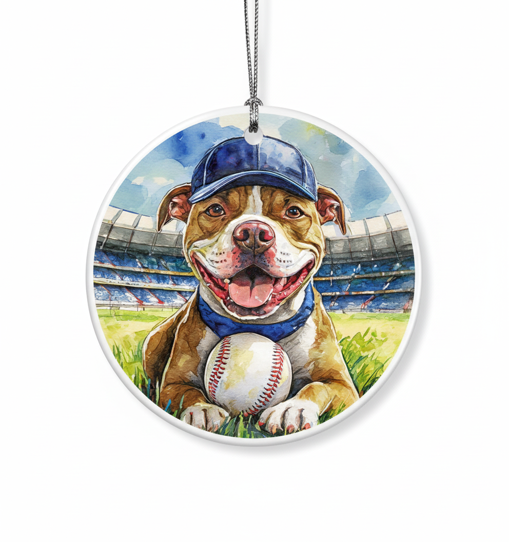 [2D FLAT ACRYLIC] Pitbull Christmas Ornament – 2025 Acrylic Hanging Decoration Featuring Baseball-Themed Design | Unique Dog Lover Gift & Festive Home Décor by Cranberry Collective