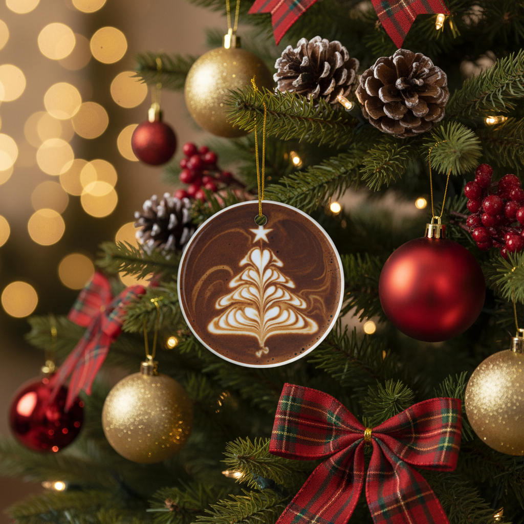 [2D FLAT ACRYLIC] Ceramic Latte Art Christmas Ornament – Gift for Coffee Lovers