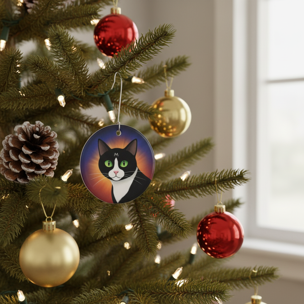 [2D FLAT ACRYLIC] Personalized Tuxedo Cat Stained Glass Ornament – Double-Sided Ceramic Holiday Decor