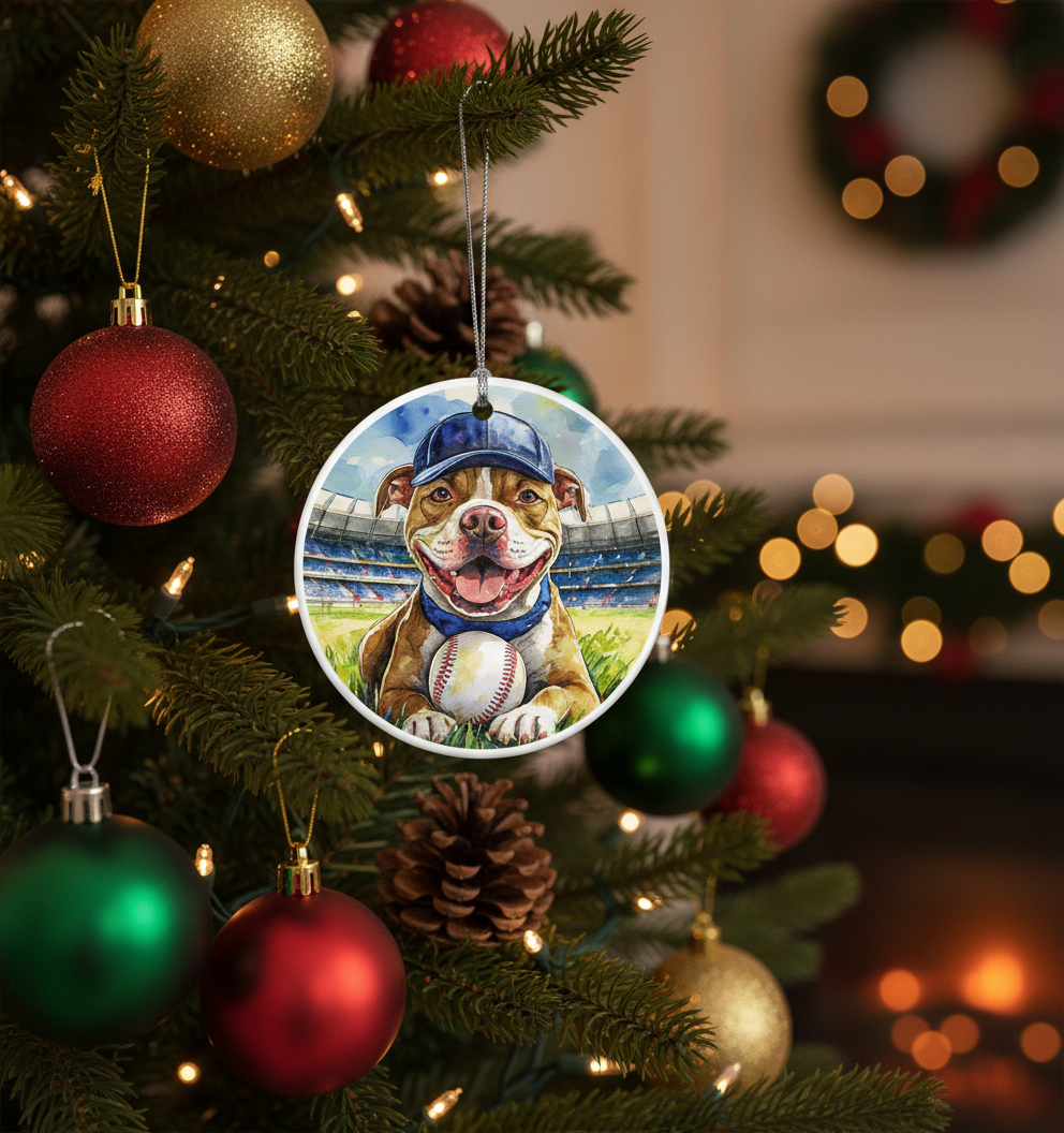 [2D FLAT ACRYLIC] Pitbull Christmas Ornament – 2025 Acrylic Hanging Decoration Featuring Baseball-Themed Design | Unique Dog Lover Gift & Festive Home Décor by Cranberry Collective