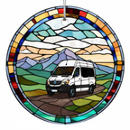 [2D FLAT ACRYLIC] Van Life Ceramic Ornament with Stained-Glass Style Sunset | Road Trip Traveler Gift