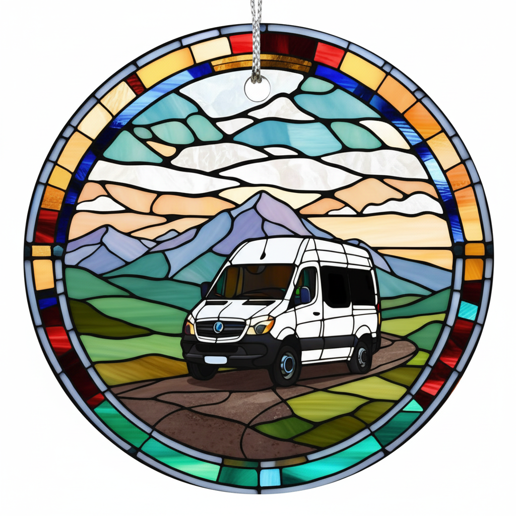 [2D FLAT ACRYLIC] Van Life Ceramic Ornament with Stained-Glass Style Sunset | Road Trip Traveler Gift