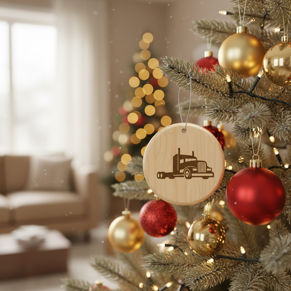 [2D FLAT ACRYLIC] Engraved Wooden Trucker Ornament | Rustic Semi Truck Holiday Decor & Christmas Gift