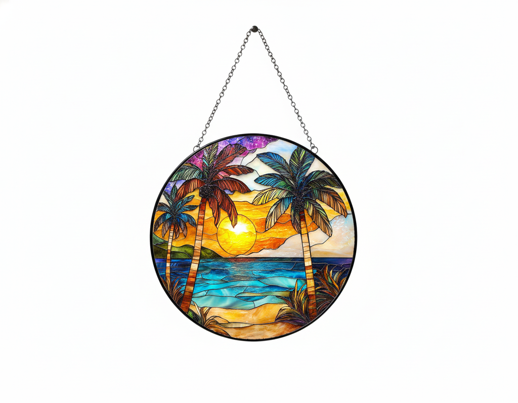 [2D FLAT ACRYLIC] Beach Sunset Stained Glass Suncatcher – Vibrant Window Hanging for Home Decor