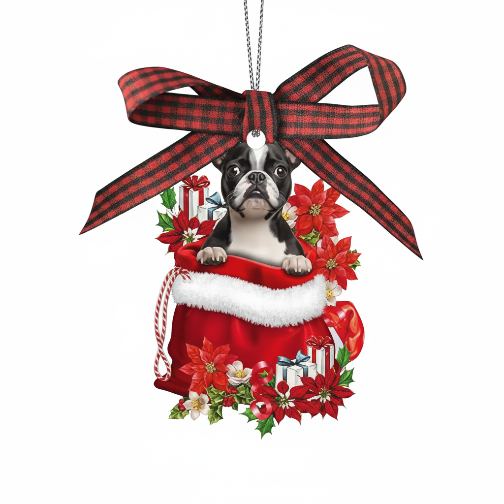 [2D FLAT ACRYLIC] Boston Terrier in Gift Bag Christmas Ornament | Dog Lover Holiday Decor