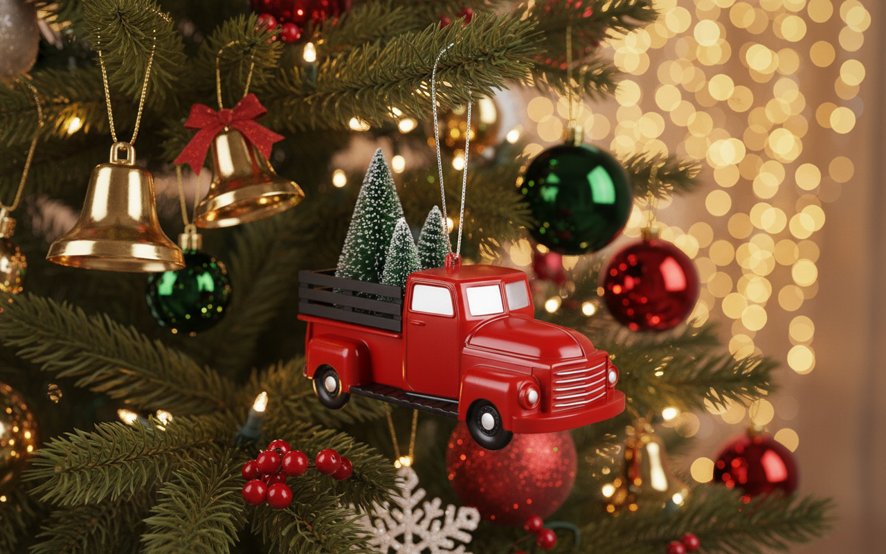 [2D FLAT ACRYLIC] Vintage Red Truck Christmas Ornaments (3-Pack) | Farmhouse Holiday Decor & Trucker Gift