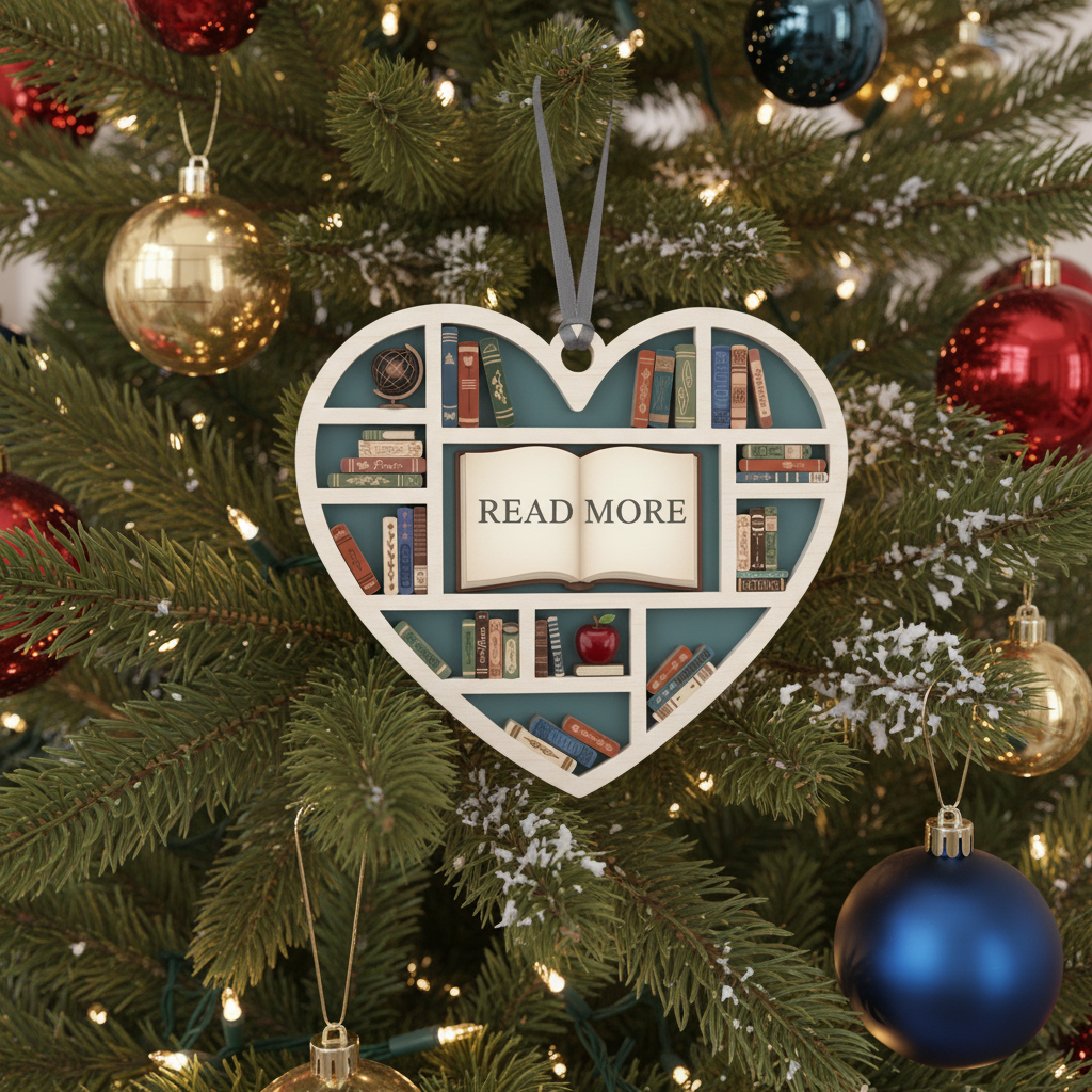 [2D FLAT ACRYLIC] Heart-Shaped Bookshelf Ornament – Christmas Gift for Book Lovers & Readers