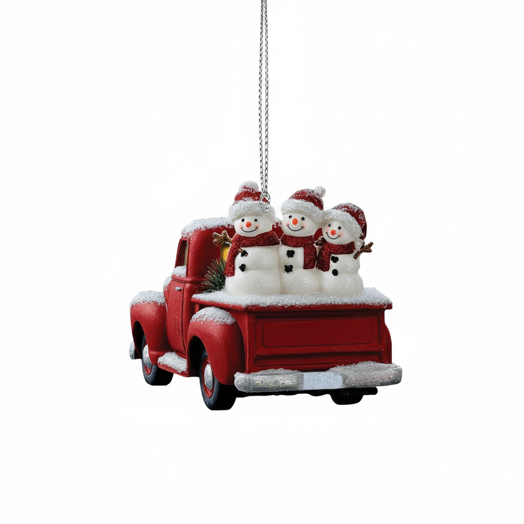 [2D FLAT ACRYLIC] Red Truck & Snowman Family Christmas Ornament | Vintage Farmhouse Style Holiday Decor