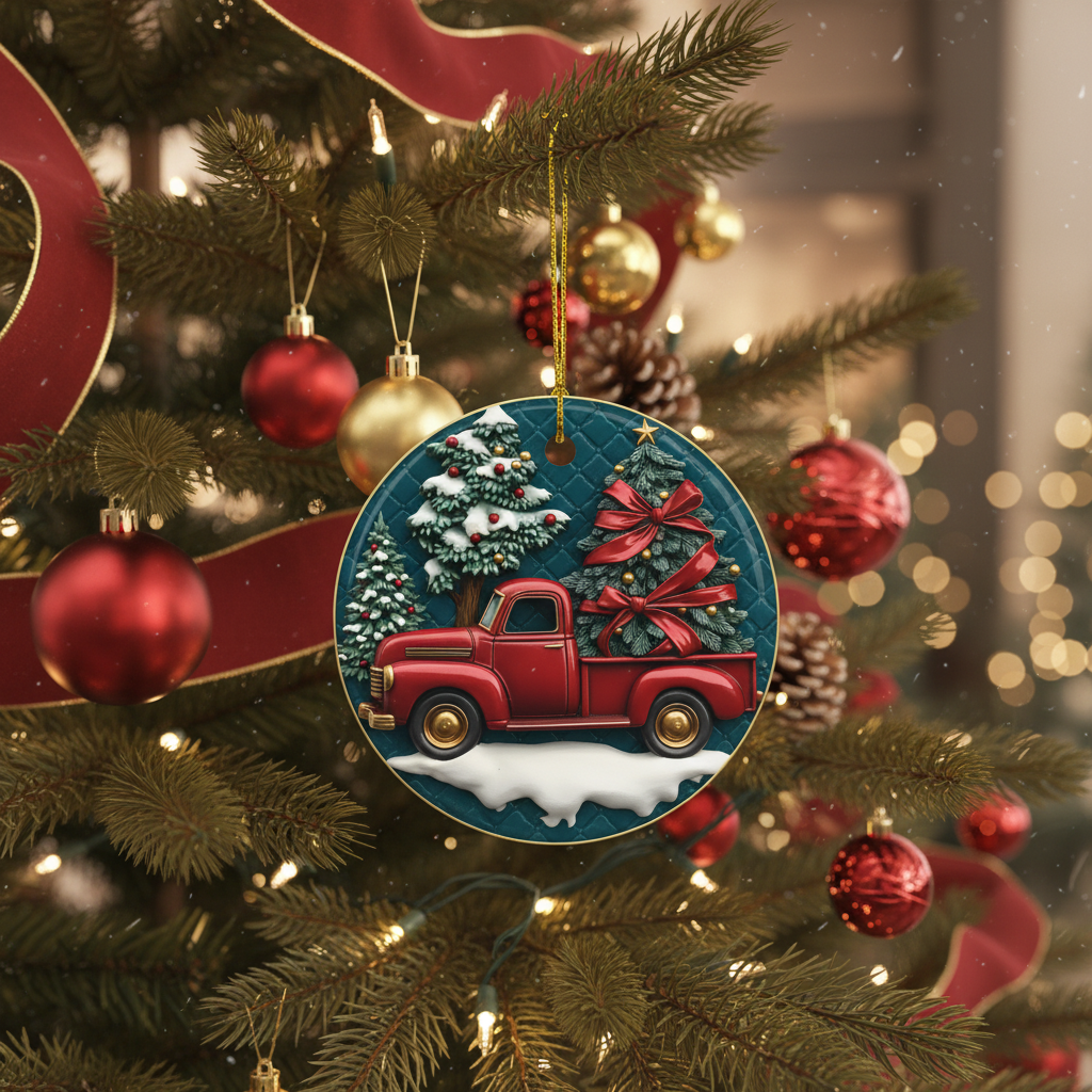 [2D FLAT ACRYLIC] Personalized Dump Truck Ornament with Santa Hat – Funny Custom Name Christmas Tree Decoration, Flat 2D Holiday Ornament Gift