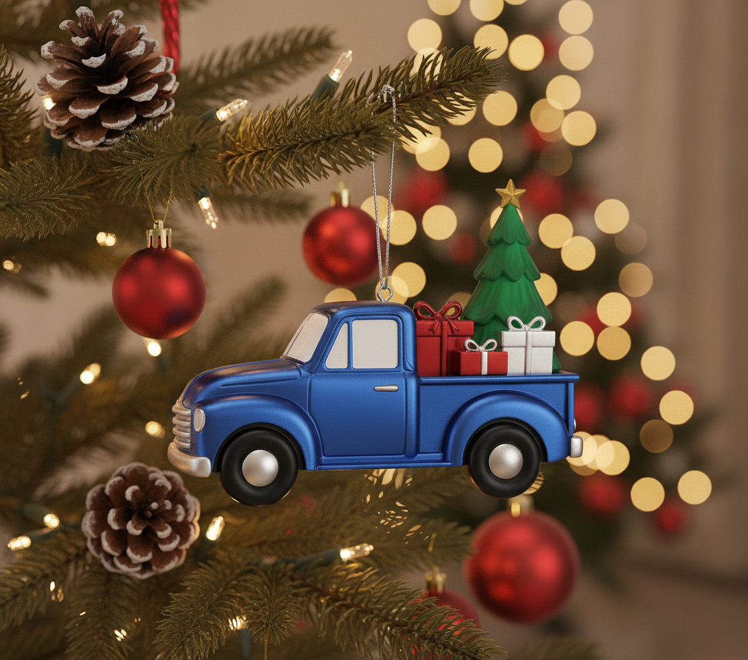 [2D FLAT ACRYLIC] Vintage Truck Christmas Ornament | Iron and Glass Farmhouse Holiday Decor