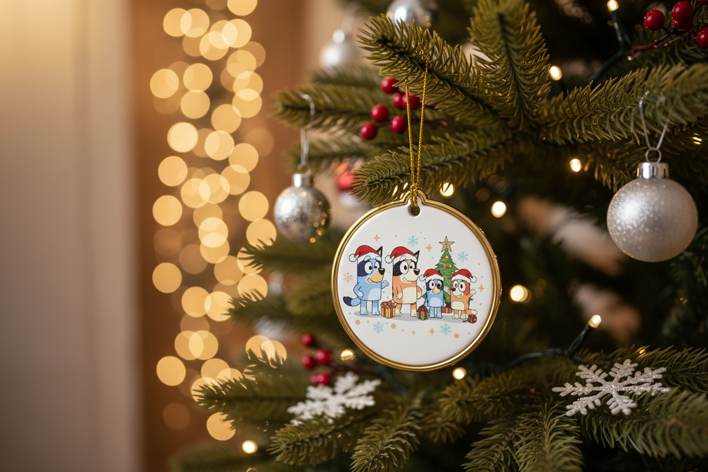 [2D FLAT ACRYLIC] Blue Dog Family Christmas Ornament – 2024 Personalized Keepsake Gift for Cartoon Lovers