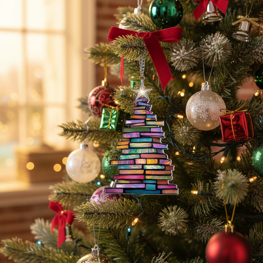 [2D FLAT ACRYLIC] Book Tree Christmas Ornament – Unique Gift for Book Lovers and Librarians