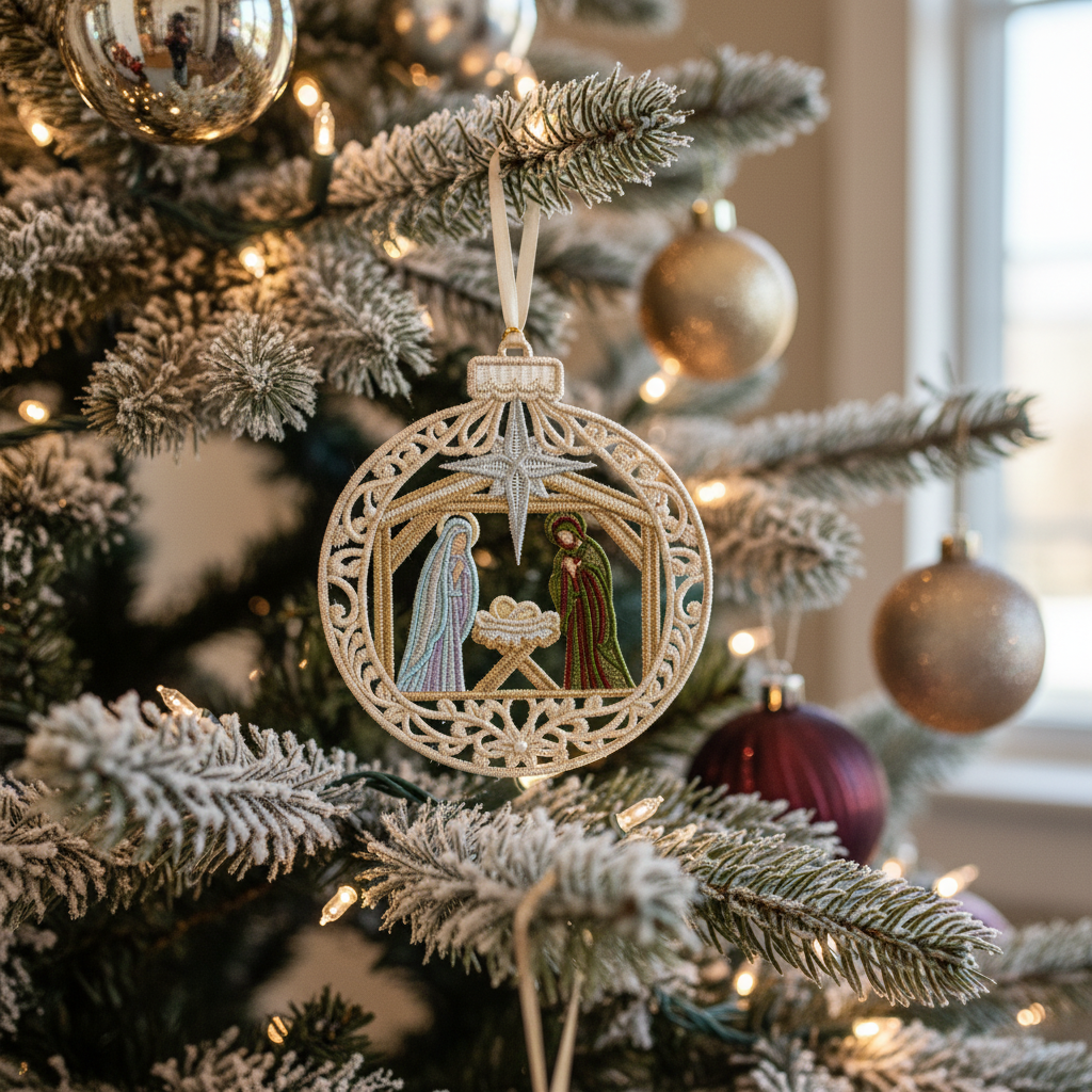 [2D FLAT ACRYLIC] Nativity Scene Ornament - Free Standing Lace Machine Embroidery Design