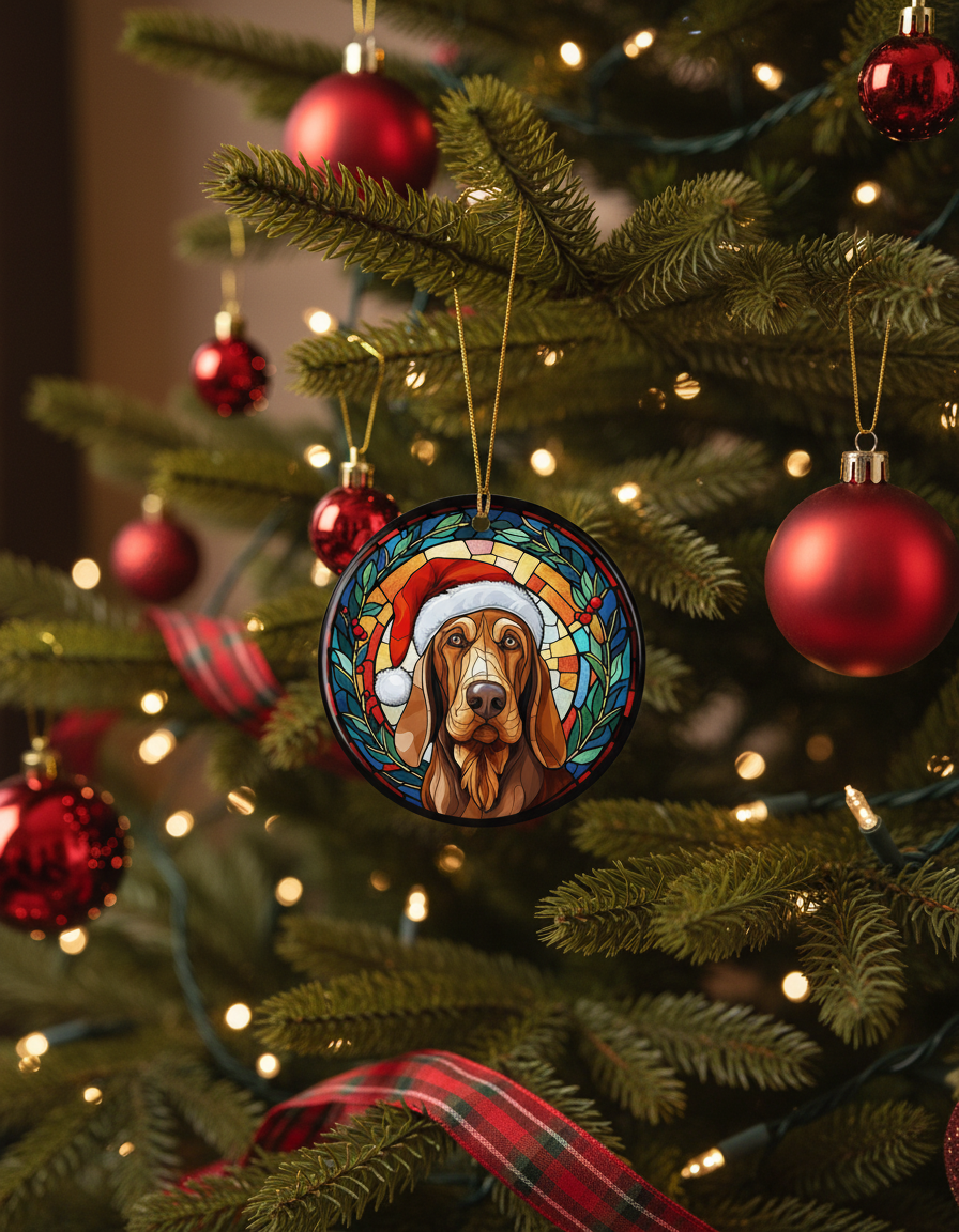 [2D FLAT ACRYLIC] Bloodhound Santa Hat Ceramic Ornament | Christmas Keepsake Gift for Dog Lovers