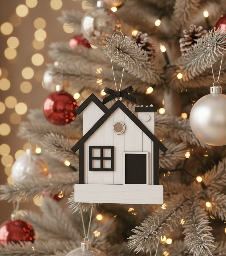 [2D FLAT ACRYLIC]  Modern Farmhouse New Home Ornament - Personalized Black & White Keepsake