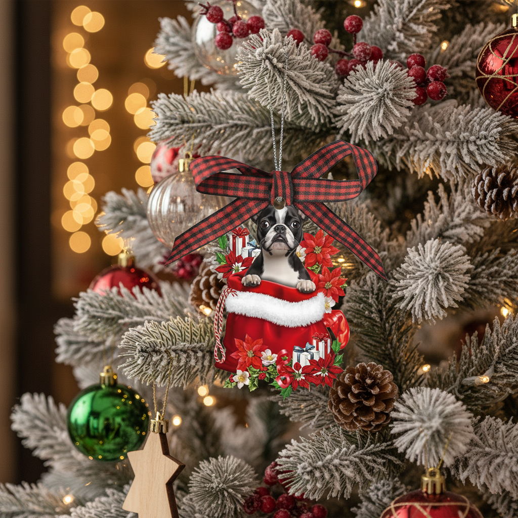 [2D FLAT ACRYLIC] Boston Terrier in Gift Bag Christmas Ornament | Dog Lover Holiday Decor